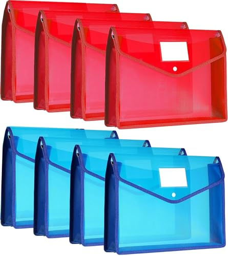 8 Stück Dokumententasche A4, Dokumentenmappe mit Druckknopf Kunststoff Umschlag Mappe Wasserdicht Transparent Dokumententaschen für Schule Büro Quittungen Lagerung Hausaufgaben Aufbewahrung, Blau+Rot
