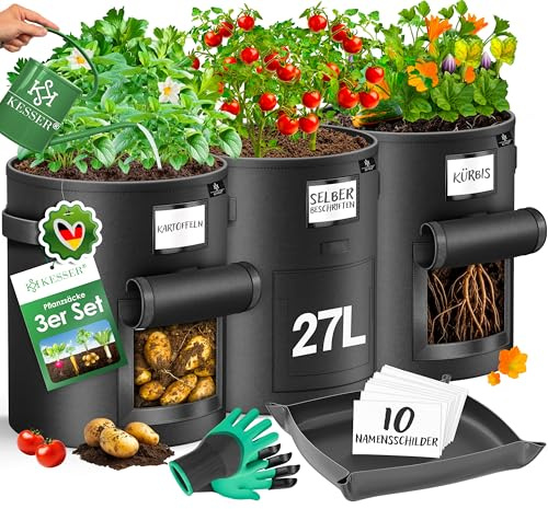 KESSER® Sac de plantation pour pommes de terre - 27 l - Non-tissé Étiquettes nominatives Fenêtre et poignées Lavables