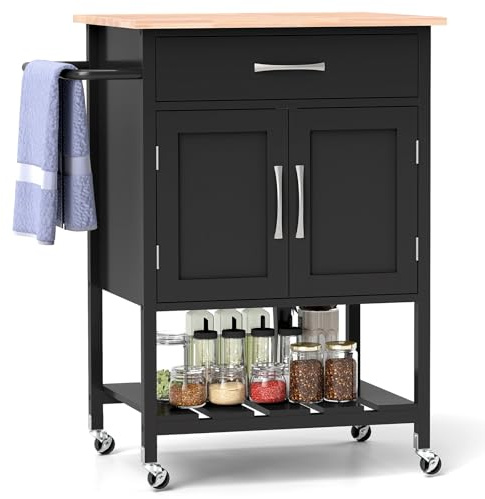 TANGZON Kitchen Island on Wheels, Rolling Kitchen Trolley with 2-Door Cabinet, Drawer, Open Shelf, Rubber Wood Top & Towel Rack, Utility Serving Trolley Cart for Home Bar Dinning Living Room (Black)