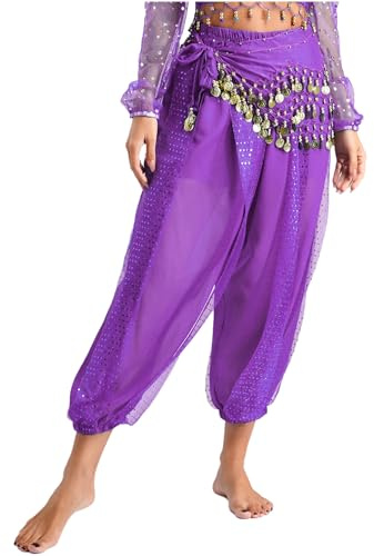 MSemis Damen Lang Bauchtanz Hose Glänzendes Haremshose und Geschnürtes Hüfttuch Tribal Arabisch Tanzhose Party Fest Kostüm Violett S