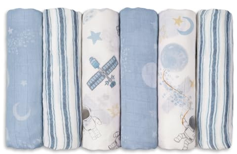 GLLQUEN Muslindukar för spädbarn, 6 stycken dregellindukar av bomull 70 cm x 70 cm, absorberande och ventilerande och idealisk för rengöring, torka och täcka nyfödda (astronaut)