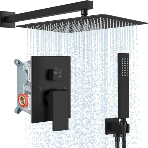 Midanya Duscharmatur-Set, Wandmontage, Duschsystem mit quadratischem Regenduschkopf und Handsprüher, grober Ventilkörper und Verkleidungsset im Lieferumfang enthalten, 40,6 cm, Mattschwarz