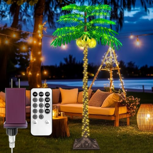 6FT LED Palm Tree with 421pcs Lights, Lighted Palm Tree for Outside Patio, Came with 3 Glowing Coconuts&Dimmable 8 Flashing Modes&Timer.