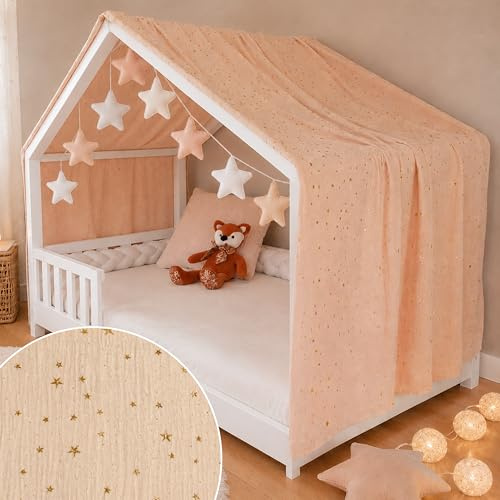 YellowNest Hausbett Himmel - 100% Baumwolle - Betthimmel Hausbett aus Musselin für Bett 90x190 & 140x200 cm - Mit Wimpelkette Kinderzimmer Stern (Beige Wimpelkette Stern, 130 x 400 cm)