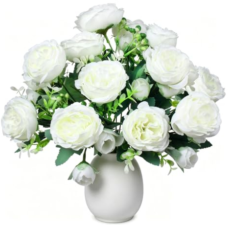 4 Bunches Peony Artificial Flowers, White Flowers Silk Peonies Bouquets for Wedding Party Centerpiece Table Home Decor