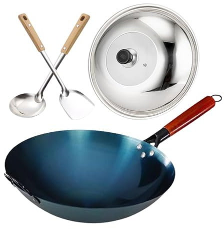 SiaBiced Pane di Ferro Wok Wok Wok Mango in Legno Tradizionale con Coperchio E Cucchiaio per Casa di Cucina, Diametro Del Piatto