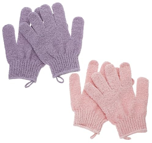 DEARMAMY 2 Paar Peelinghandschuhe Fünf Finger aus Verdichtetem Material Rosa Gründliches Körperpeeling für Dusche und Bad Wiederverwendbar Sanfte Hautpflege für Frauen