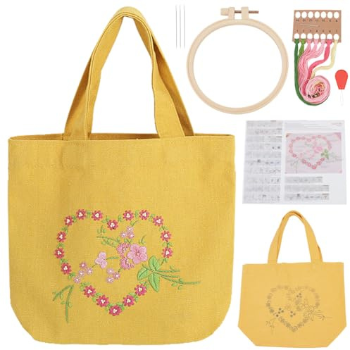 PLIGREAT Stickset Für Tragetasche Aus Gelbem Canvas Für Anfänger Und Erwachsene Kreuzstich Set Mit Herzgirlande Mit Anleitung Lunch Tasche Stickset Mit Rahmen DIY Bastelgeschenke