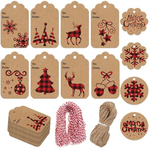 SULOLI 120 Etiquetas Regalo Kraft Navidad，Etiqueta de Navidad，Kraft Etiquetas de Regalo，Papel Kraft para Decoración de Navidad, Envoltorios, Manualidades