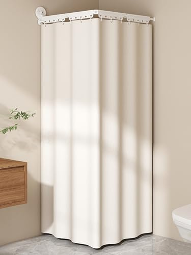 Faltbares Duschvorhang Leinen Wasserdicht mit Duschvorhangstange L/U Form Ohne Bohren Saugnapf für Badewanne, Schimmelresistent/Waschbar/Verstellbarer Winkel, Shower Curtains Rod(Beige,95 cm/37.4 in)