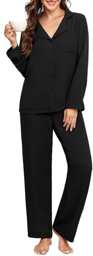 PrinStory Women's Pyjama Sets Button Up Pajamas Long Sleeve Tops And Wide Leg Bottoms With Pockets Soft Nightwear Loungewear (Black, L)