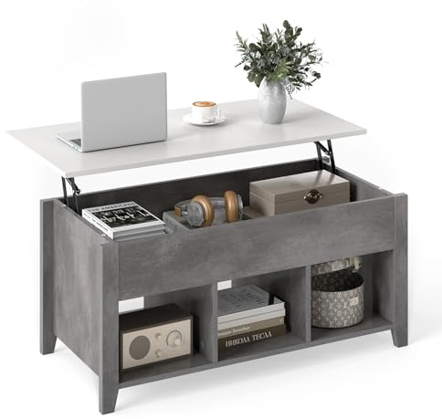 COSTWAY Lift Up Top Coffee Table, Wooden Lifting Cocktail Center Table with Hidden Compartment & 3 Open Storage Cubes, Rectangular Accent Sofa Side Tea Table for Living Room (Grey+White)