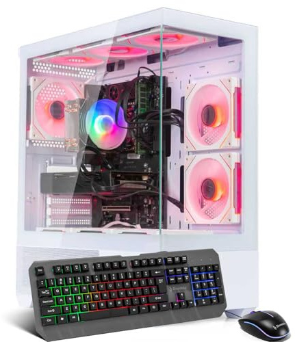 Evounic White Gaming PC Computer Desktop – i7 Xeon E5 3.20GHz, Radeon RX 580 8GB, 16GB RAM, 512GB SSD + 1TB HDD, WiFi 6 & BT 5.4, 9× ARGB Fans, Win 11 Pro, High-Performance Gaming Tower