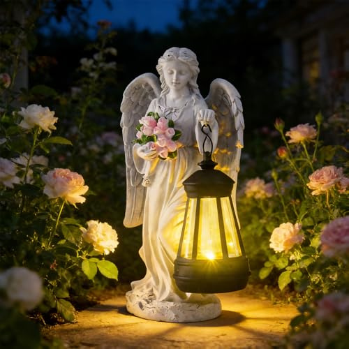 Vmxlso Ange pour tombe résistant aux intempéries, figurine d'ange solaire résistant aux intempéries avec lampes solaires LED, ange funéraire étanche (bouquet de fleurs et lanterne)
