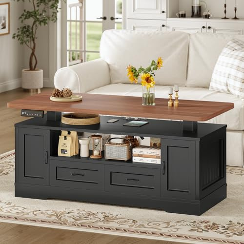 SEDETA 47.2 Electric Standing Coffee Table with Storage, Farmhouse Lift Top Coffee Table with Drawers and Open Shelves, Height Adjustable Tables with Power Outlet, for Living Room, Black
