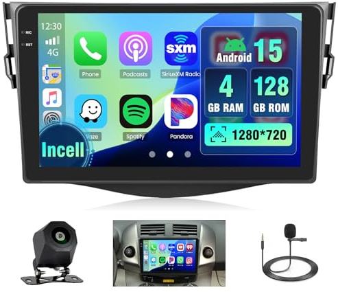 Hikity 4+128G 9 Radio Android para Toyota RAV4 2007-2012 Wireless CarPlay | Incell Pantalla Táctil GPS Navi Bluetooth 5.0 WiFi FM/RDS Cámara Trasera EQ 4+128G