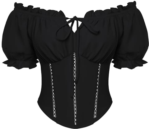 Scarlet mörker kvinnor renässans blus kort puffärmar korsett topp med rosetter dekorerad medeltida blusar