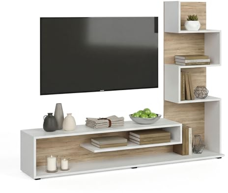 duehome | Mueble de Salón, Composición Modular de TV, Modelo Moobi 160, Acabado en Blanco y Roble Canadian, Medidas: 160 cm (Largo) x 29 cm (Fondo) x 124 cm (Alto)
