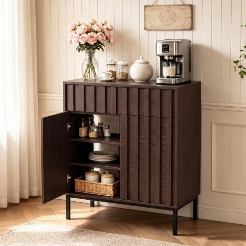 UEV Sideboard 70x37x88,5 cm, Küchenschrank mit Schubladen & 2 Türen, Aufbewahrungsschrank, Buffetschrank Kaffeebar Schrank für Küche Esszimmer Wohnzimmer (Braun)
