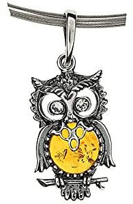 Artisana-Schmuck Bernstein Anhänger Eule mit Zirkonia (ohne Kette), gefasst in 925/000 Sterling Silber