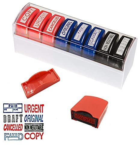 Reliancer Set of 8 Self Inking Pre-Inked Office Stamp 8 Message Account Stamp Office Stationary Stamper Business Paper Work Text Stamps w/Tray RedBlueBlack Ink