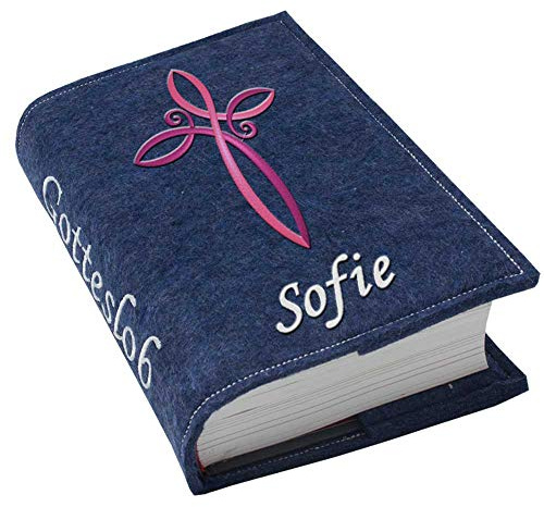 Gotteslob Gotteslobhülle Großdruck Kreuz pink lila Filz mit Namen bestickt hellgrau weiß dunkelgrau lila blaugrau dunkelblau türkis maigrün flieder, Farbe:dunkelblau meliert