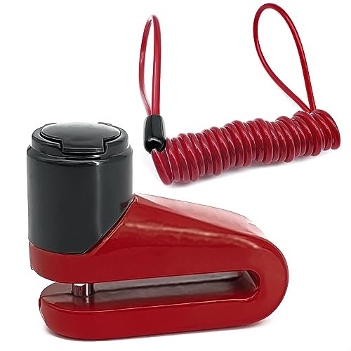RADIKAL RK505R Bloccadisco per Moto, più Compatto, Leggero e Portatile, Colore Rosso più Deterrente, Chiusura in Acciaio ø5,5mm, Lucchetto Antifurto Moto, Scooter, Bicicletta Elettrica, Monopattino