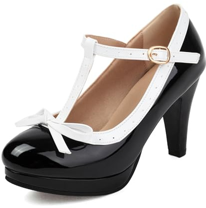 ForeMode Fashion Women T-Strap High Heels Bow Platform Round Toe Pumps Leather Summer Sweet Shoes (Black5, 8)