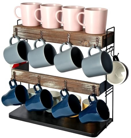J JACKCUBE DESIGN Portabicchieri in legno rustico – Portabicchieri da caffè e tazze con spazio di archiviazione – perfetto per la cucina e l'organizzazione del piano di lavoro – MK651A