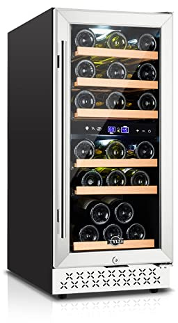 Tylza Mini Fridge 15 Inch Wine Cooler Under Counter, 30 Bottles Dual Zone Wine Fridge with Safty Lock, Wine Refrigerator Freestanding, Built-in Wine Cellars