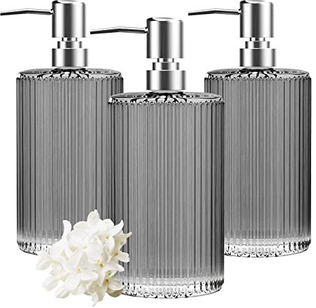 HIYAA 3 Pack Glass Soap Dispenser 17 Oz Versatile Lotion Liquid Soap Dish Dispenser Hand Soap Dispenser with Pump for Bathroom, Countertop, Kitchen, Laundry Room (Grey) (3P-Grey)