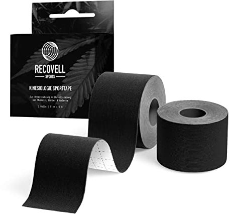 Recovell Kinesiologie Sporttape 1 Rolle schwarz 5cm x 5m zur Unterstützung und Stabilisierung I wasserfestes Tape fuer Muskeln Bänder und Gelenke I Tapeband selbstklebend I elastisches Tape