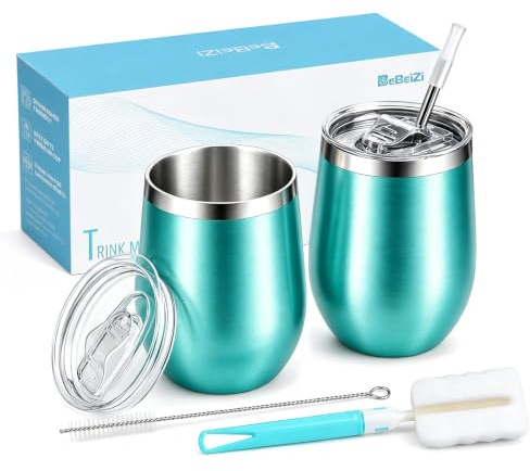 BeBeiZi 2 Stück Weinbecher Edelstahl, 350ml Stemless Weinbecher Mit Deckel Und Strohhalm, Vakuumisolierte Reisekaffeetasse für Cocktails, Coffee, Hochzeitsgeschenk, Geburtstag Frauen, DIY