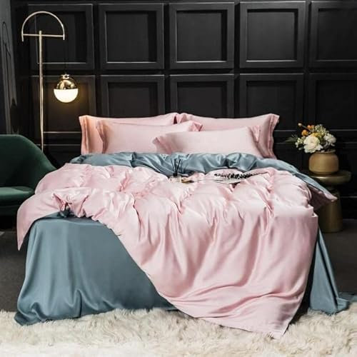 VIRUL Ensemble de literie en Soie Bleu foncé Ensemble de Housse de Couette en Soie Drap Plat Linge de lit Taie d'oreiller