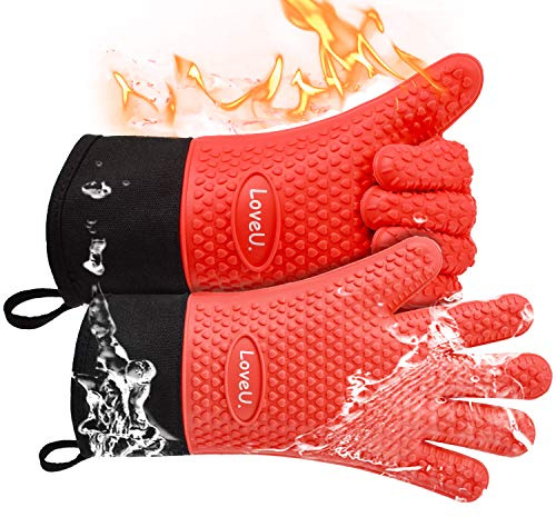 Loveuing Guanti da forno in silicone e cotone a doppio strato, resistenti al calore, guanti da cucina/guanti da forno flessibili, perfetti per cottura al forno e barbecue, 1 paio (rosso lungo, piccolo