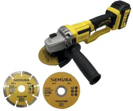 Nemura Smerigliatrice angolare elettrica a batteria 20V - Utensile con motore senza spazzole - Con 2 Dischi, 1 Chiave, 1 Impugnatura, 1 Batterie 6Ah e 1 Caricatore - SAC in Italiano