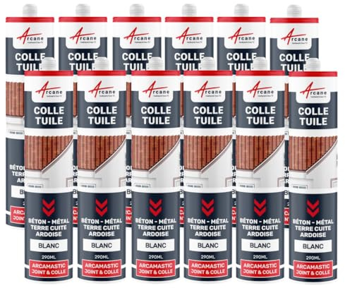 Colle Tuiles Mastic Souple Étanche Tous Matériaux 290 ml x 12 Blanc | Colle Tuiles et Joints Étanches, Forte Adhérence, Maintien Immédiat, Béton, Pierre, Zinc, Résiste aux Uv - Arcane Industries