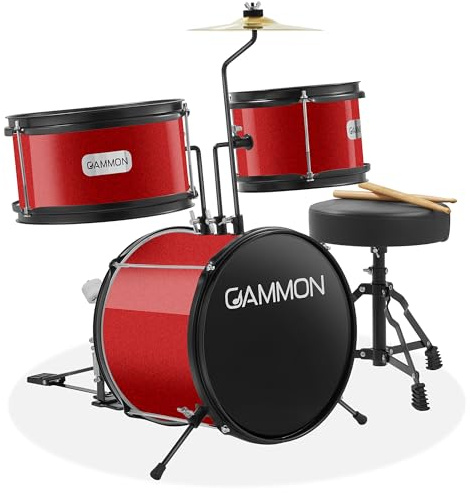 Gammon - Juego de batería junior de 3 piezas con trono - Rojo, kit completo para principiantes con bombo, Toms, platillo, pedal y baquetas