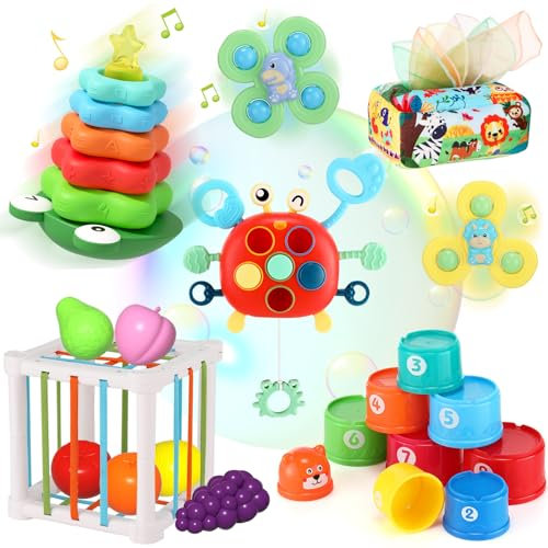 Ceoffo Montessori Spielzeug ab 6 Monate Baby Spielzeug für 6 bis 12 Monate 6 in 1 mit Stapelturm/Formsortierer/Stapelring/Zugschnur/Tücherbox/Saugnapf-Kreiselspielzeug Motorikspielzeug Baby Geschenke