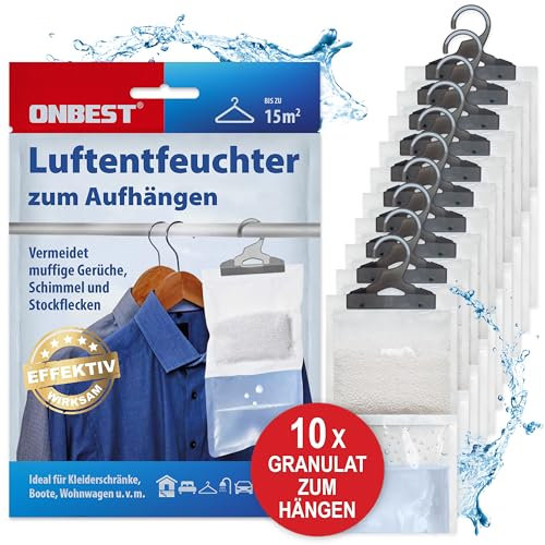 ONBEST XXL Luftentfeuchter Beutel 10x500 ml Beutel - Luftentfeuchter Set zum Aufhängen – Schrank Granulat Entfeuchter gegen Feuchtigkeit, Schimmel & Gerüche – Raumentfeuchter Schrank-entfeuchter