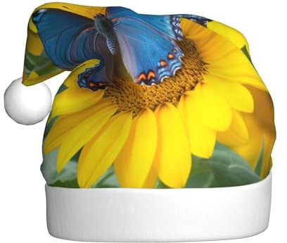 AoRom Weihnachtsmütze mit Sonnenblumen-Motiv, blauer Schmetterling, Weihnachtsmannmütze für Erwachsene, Plüsch, bequem, Weihnachtsmütze für Neujahrsparty