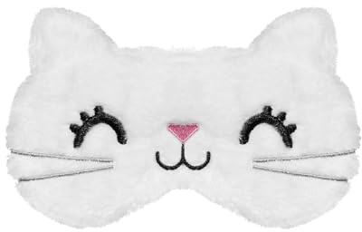 VerteLife Schlafmaske, Weiche Flusen Augenmaske Reisen Nickerchen Augenbinde Neuheit Cartoon Schlafen Augenmaske Augenabdeckung für Damen und Herren (Katze,Weiße)