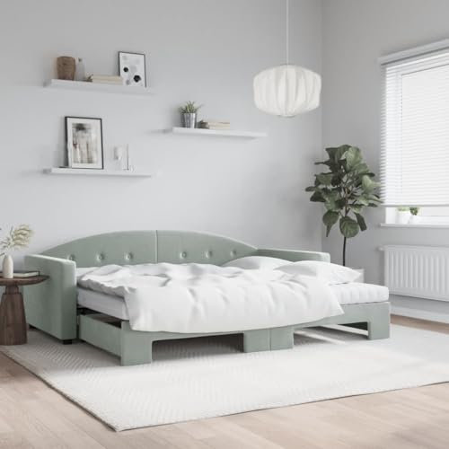 LAPOOH Tagesbett Ausziehbar mit Matratzen Hellgrau 90x200 cm Samt, Schlafsofa, Daybed, Bettsofa, Sofa Bed, Sofabett, Schlafcouch, Jugendbett, Bettgestell, Bettcouch 3197325