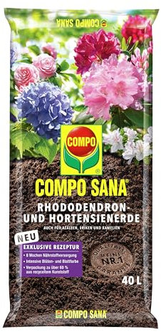 SANA® Rhododendron- und Hortensienerde mit 8 Wochen Dünger für Rhododendren, Hortensien und andere Pflanzen, die einen niedrigen pH-Wert bevorzugen 40L