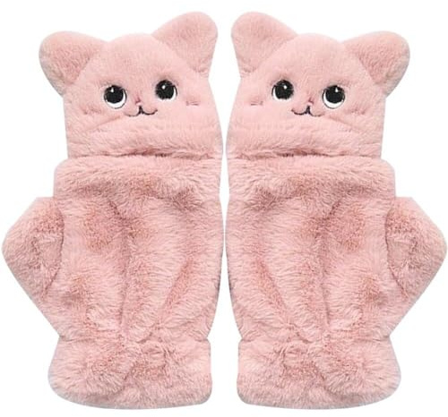 Söta kattvantar plysch fingerlösa handskar flip halvfingerhandske vinter varma handskar för kvinnor flicka