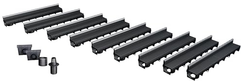 MEA Pack de 9 Caniveaux Extérieurs MEAPARK – Grille à Fente en PP Recyclé + Profil E-Blade R en INOX – Drainage Terrasse, Piscine, Jardin – Classe A15 Piéton – Largeur utile 10 cm