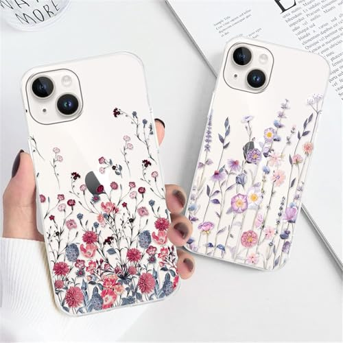 Xylota 2 stycken mobiltelefonfodral för iPhone 13 Mini 5,4 tum fodral, transparent fodral med estetiska mönster blommor, transparent mjuk silikon, ultratunn TPU-stötdämpning, reptåligt skyddsfodral