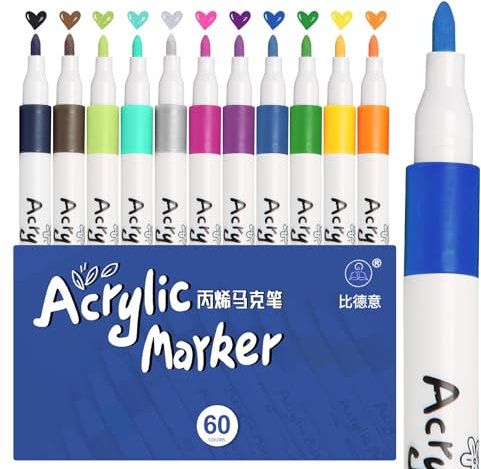 wenrescry Acrylstifte Wasserfest, 60 Lebendige Farben Permanent Marker für Steine Bemalen, Leinwand, Holz, Glas, DIY Basteln und Ostergeschenke – Ideal für Künstler und kreative Projekte