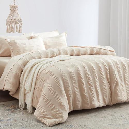 Tospass Housse de Couette Seersucker 240x260 Beige avec 2 Taies d'oreiller 65x65 cm Gaufré Rayée Rayures Parure de Lit 2 Personne Adulte Linge de lit Microfibre Réversible avec Fermeture Éclair
