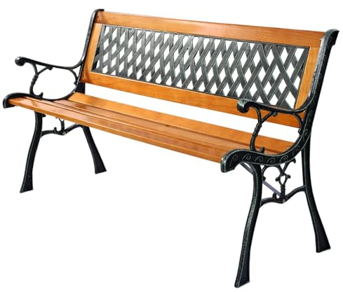 KOMFOTTEU 3 Sitzer Gartenbank, Holzbank mit Metallrahmen, Parkbank mit Armlehnen & Rückenlehne, Außenbank bis 210 kg belastbar, für Terrasse Balkon Garten (Modell 1, 125 x 52 x 73 cm)
